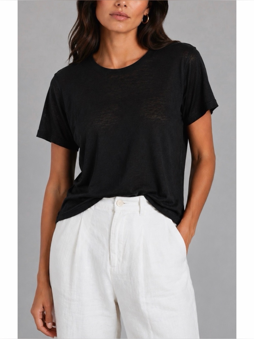 MASSIMO DUTTI • Black 100% Linen Short-Sleeve Tee, XS